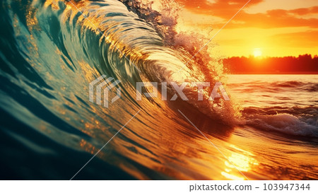 Ocean Wave Crashing at Sunrise, colorful beautiful blue waves with sunlight, closeup sunset sea water background 103947344