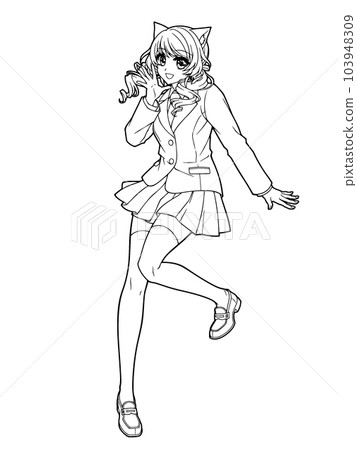Illustration of an anime-style girl for coloring book (whole body, with cat ears) 103948309