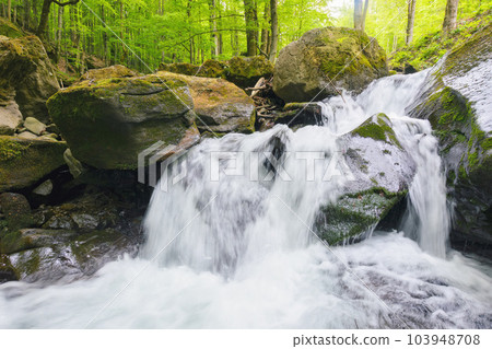 landscape with waterfall out of boulders. cascade with rapid stream of water in the forest 103948708