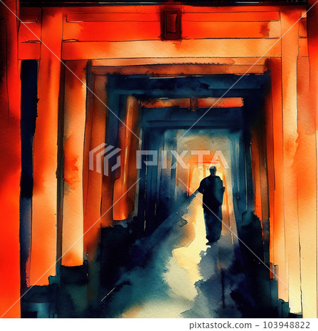 Walking through the shrine's tunnel of 1,000 torii gates with watercolor Walking through the shrine's tunnel of 1,000 torii gates with watercolor 103948822