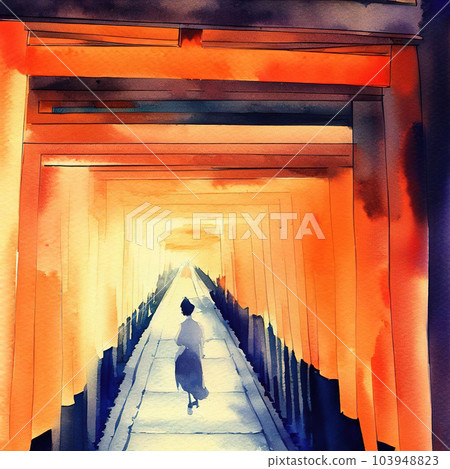 Walking through the shrine's tunnel of 1,000 torii gates with watercolor  103948823