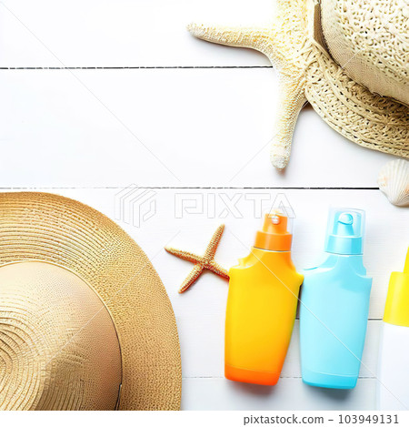 Summer background with umbrella, ball, glasses, sandals  103949131