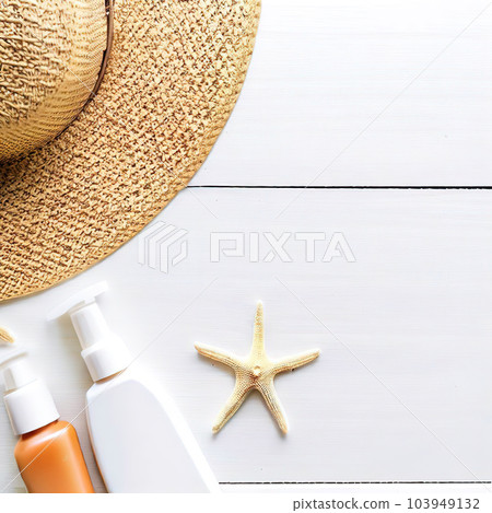 Summer background with umbrella, ball, glasses, sandals  103949132
