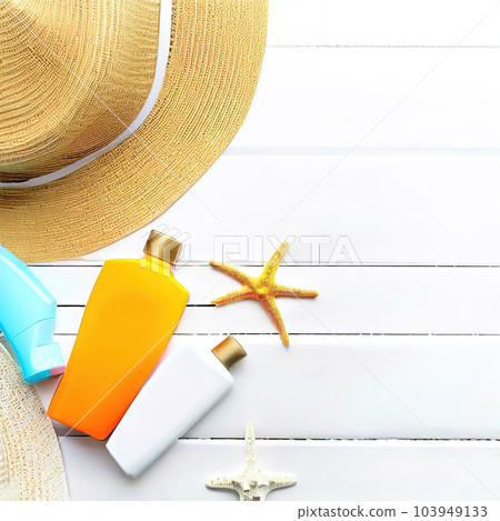 Summer background with umbrella, ball, glasses, sandals  103949133