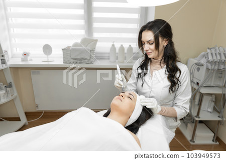 The photo conveys the moment when a professional cosmetologist conducts fractional mesotherapy to improve the condition of the skin face in beauty clinic. A young woman at a reception at beauty salon. The photo conveys the moment when a professional cosmetologist conducts fractional mesotherapy to improve the condition of the skin face in beauty clinic. A young woman at a reception at beauty salon. 103949573