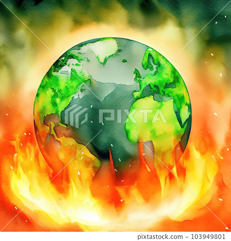 green earth under buring fire watercolor style green earth under buring fire watercolor style 103949801