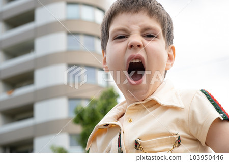 A 5-year-old European boy screams with his mouth open and looks at the camera. Aggression in preschool children. 103950446
