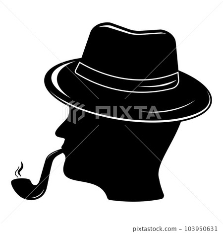 Silhouette of a man in a hat with a smoking pipe, isolated vector illustration in black, icon Silhouette of a man in a hat with a smoking pipe, isolated vector illustration in black, icon 103950631