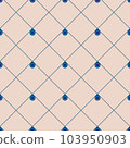 Geometric repeating vector ornament with diagonal lines and circles. Seamless abstract modern dark and light blue and beige pattern. Apparel pattern, lines and drops. 103950903