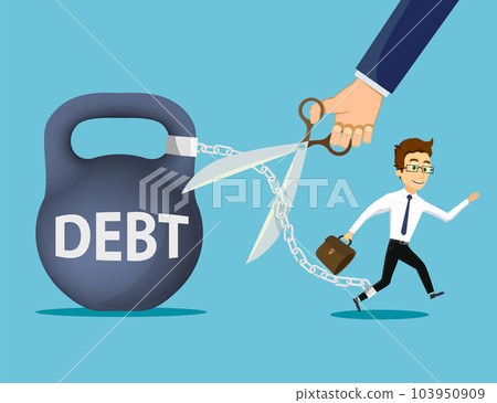 Businessman is chained to a kettlebell with the inscription debt 103950909