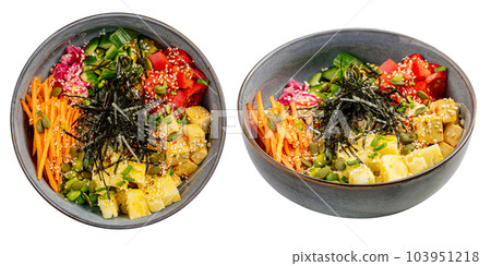 Isolated portion of tofu poke bowl with vegetables 103951218