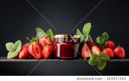 Strawberry jam and fresh berries on a black background. Strawberry jam and fresh berries on a black background. 103951583