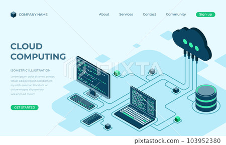 Cloud computing isometric landing page. Cloud storage server. Cloud computing online database technology. Vector illustration 103952380