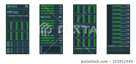 Set of various server racks. Server in cabinets. Server room data center. Server in flat design. Vector illustration Set of various server racks. Server in cabinets. Server room data center. Server in flat design. Vector illustration 103952449