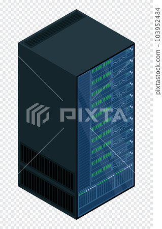 Isometric server. Network server room. Server in cabinets. Storage database. Isometric technology. Vector illustration 103952484