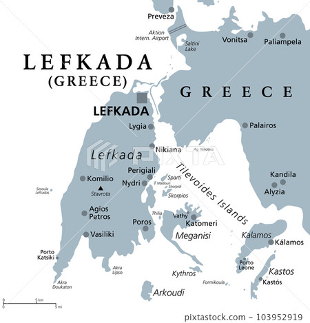 Lefkada, regional unit, gray political map. Part of Ionian Islands in Greece, also known as Lefkas, Leukas or Leucadia. With Tilevoides Islands Meganisi, Kalamos, Kastos, Skorpios and smaller islets. Lefkada, regional unit, gray political map. Part of Ionian Islands in Greece, also known as Lefkas, Leukas or Leucadia. With Tilevoides Islands Meganisi, Kalamos, Kastos, Skorpios and smaller islets. 103952919