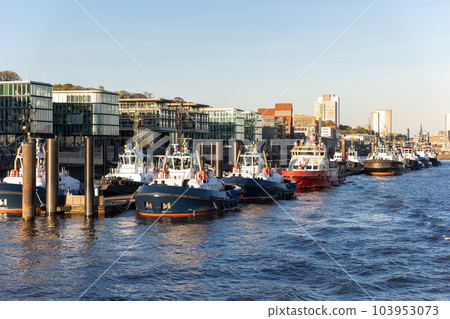 Many modern powerful tow ships service team mored in row at Hamburg Elbe harbour at evening sunset day time. Support tugboat vessel fleet in Germany industrial cargo freight harbor marine 103953073