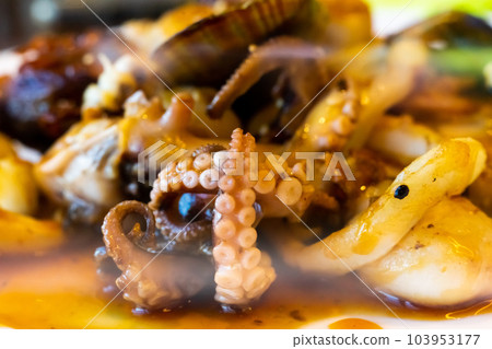 Grilled Galician octopus leg with sauce on plate in restaurant close up Grilled Galician octopus leg with sauce on plate in restaurant close up 103953177