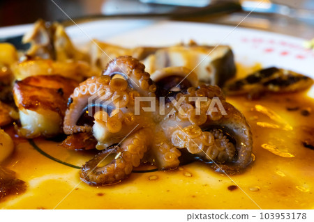 Grilled Galician octopus leg with sauce on plate in restaurant close up Grilled Galician octopus leg with sauce on plate in restaurant close up 103953178
