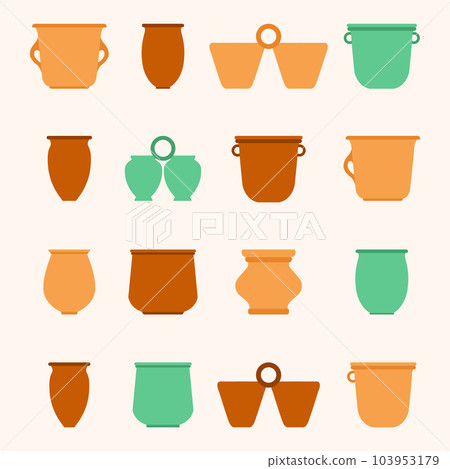 Vector flat illustration. Various vases and pots set. Ceramics and engobe 103953179