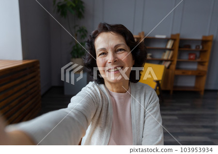 Happy middle aged senior woman talk on video call with friends family. Laughing mature old senior grandmother having fun speaking with grown up children online, Headshot portrait selfie webcamera view Happy middle aged senior woman talk on video call with friends family. Laughing mature old senior grandmother having fun speaking with grown up children online, Headshot portrait selfie webcamera view 103953934