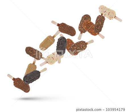 Portions of ice cream flying in different directions. Ice cream isolated on white background. Delicious treat for kids and adults. Portions of ice cream flying in different directions. Ice cream isolated on white background. Delicious treat for kids and adults. 103954179
