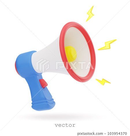 Vector 3D megaphone. Realistic loudspeaker with lightning. Bullhorn for announce promotion, alert, marketing, advertising 3D Rendering. Vector 3D cartoon illustration isolated on white background. 103954370