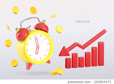 Vector 3d red chart arrow, ringing alarm and flying coins. Red falling down stock arrow icon. Financial crisis, downgrade, inflation concept. 3d render vector illustration 103954371