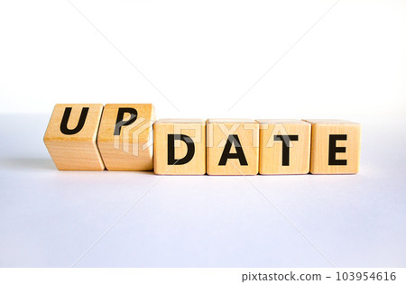 Date or update symbol. Turned wooden cubes and changed the concept word date to update. Beautiful white table, white background, copy space. Business and date or update concept. Date or update symbol. Turned wooden cubes and changed the concept word date to update. Beautiful white table, white background, copy space. Business and date or update concept. 103954616