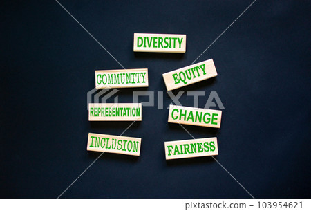 Diversity inclusion symbol. Concept words Community Diversity Equity Fairness Inclusion Representation Change on wooden block. Beautiful black background. Diversity equity inclusion concept. Diversity inclusion symbol. Concept words Community Diversity Equity Fairness Inclusion Representation Change on wooden block. Beautiful black background. Diversity equity inclusion concept. 103954621