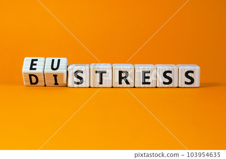 Eustress or distress symbol. Turned wooden cubes and changed the concept word Eustress to Distress. Beautiful orange table orange background, copy space. Psychlogical distress or eustress concept. Eustress or distress symbol. Turned wooden cubes and changed the concept word Eustress to Distress. Beautiful orange table orange background, copy space. Psychlogical distress or eustress concept. 103954635
