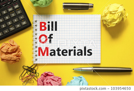 BOM bill of materials symbol. Concept words BOM bill of materials on beautiful white note. Beautiful yellow table yellow background. Calculator. Business and BOM bill of materials concept. Copy space. BOM bill of materials symbol. Concept words BOM bill of materials on beautiful white note. Beautiful yellow table yellow background. Calculator. Business and BOM bill of materials concept. Copy space. 103954650