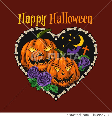 Halloween funny romantic emblem with pumpkin heads Halloween funny romantic emblem with pumpkin heads 103954707