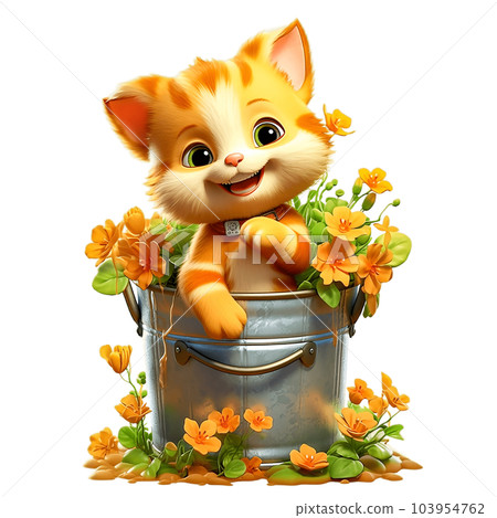 Painting of orange kitten and flowers in water bucket clip art Painting of orange kitten and flowers in water bucket clip art 103954762