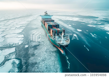 Aerial view of Large Cargo icebreaker vessel loaded with containers sailing in ice-cold ocean. Generative AI illustration 103954898