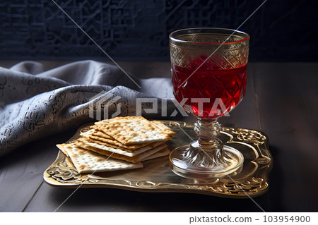 Jewish Pesach Passover celebration with wine and matzo on the wooden background. Generative AI illustration 103954900