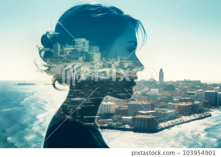 Double exposure from female profile and city on ocean. Ecological environment care, beauty and health concept. Generative AI illustration 103954901