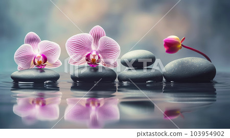 Orchids and spa stones balance on calm water. Generative AI illustration 103954902