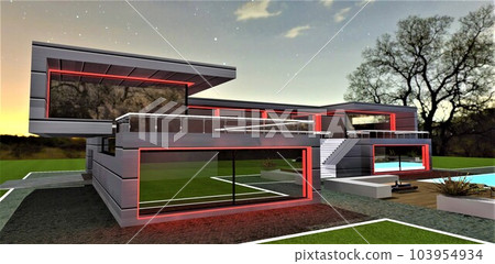 Red and white lighting illuminates the railing of the fence and window frames of a modern countryside cottage against the backdrop of a starry evening sky. 3D rendering. 103954934