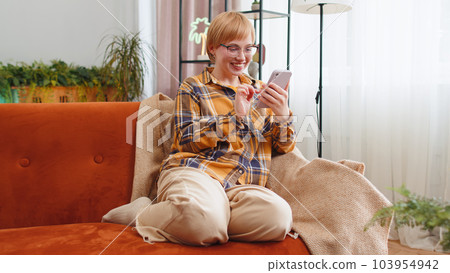 Young woman sitting on sofa at home, using smartphone share messages on social media application 103954942