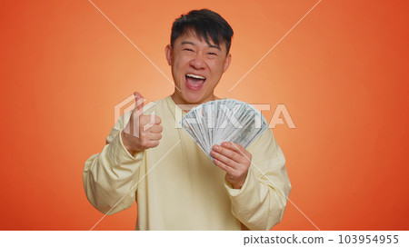 Rich pleased boss man waving money dollar cash, success business career, lottery winner big income Rich pleased boss man waving money dollar cash, success business career, lottery winner big income 103954955