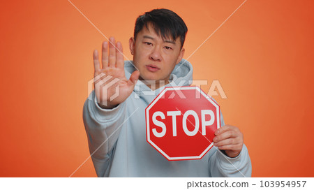 Man say no hold inscription text red No stop danger sign, warning of finish, prohibited access 103954957