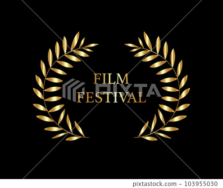 golden text Film Festival with leaf wreath, gold luxury laurel award sign, vector logo design isolated on black background 103955030