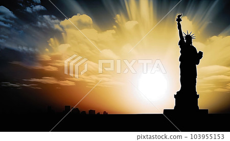 Statue of Liberty illuminated by the rays of the setting sun - Generative AI 103955153
