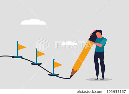 Project progress and workflow at work. A man completes tasks step by step. Track all stages of work and the path to success at work. A man with a pencil draw a path. Vector illustration Project progress and workflow at work. A man completes tasks step by step. Track all stages of work and the path to success at work. A man with a pencil draw a path. Vector illustration 103955167