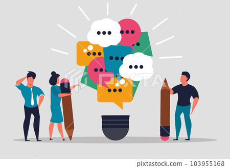 Brainstorming creative team of people. Creation of a new idea and cooperation in a team of professionals. New solution and business people come up with an idea. Vector illustration Brainstorming creative team of people. Creation of a new idea and cooperation in a team of professionals. New solution and business people come up with an idea. Vector illustration 103955168