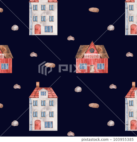 Watercolor seamless pattern with red roofed houses, balcony, pebbles. Isolated clipart on dark background. Illustration for textile, packaging, scrapbooking paper 103955385