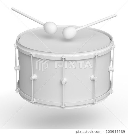 Realistic drum and wooden drum sticks on white. 3d render of musical instrument 103955389