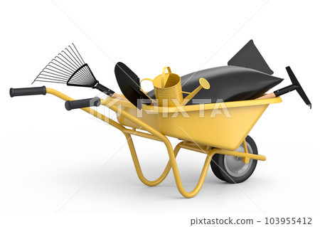 Garden wheelbarrow with garden tools like shovel, watering can and fork on white Garden wheelbarrow with garden tools like shovel, watering can and fork on white 103955412