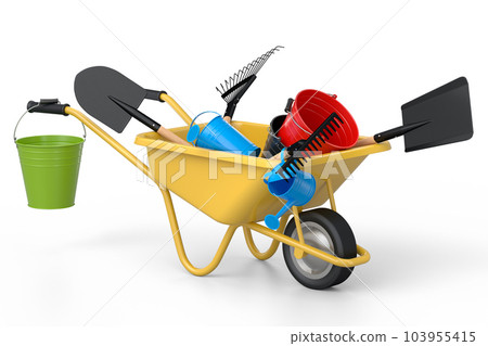 Garden wheelbarrow with garden tools like shovel, watering can and fork on white Garden wheelbarrow with garden tools like shovel, watering can and fork on white 103955415